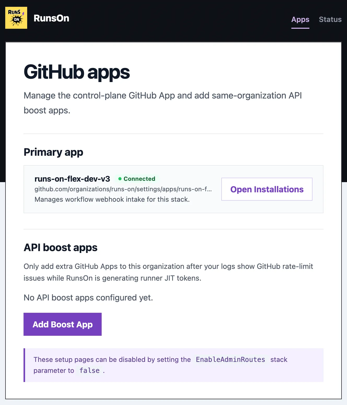 RunsOn setup page showing API boost apps and the Add Boost App button